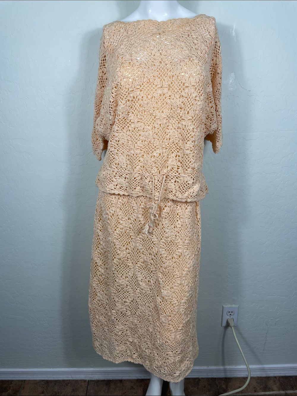 Vintage Crochet Knit Peachy Coral Skirt Set - Lightweight Two-Piece